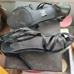 Audrey Brooke black patent back zip strappy sandal